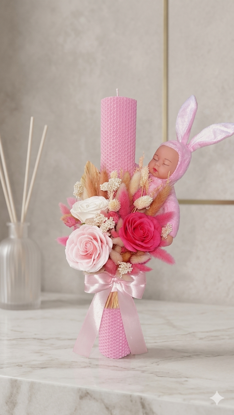 Battesimo Candela Artigianale "Incanto Rosa" con Bebè
