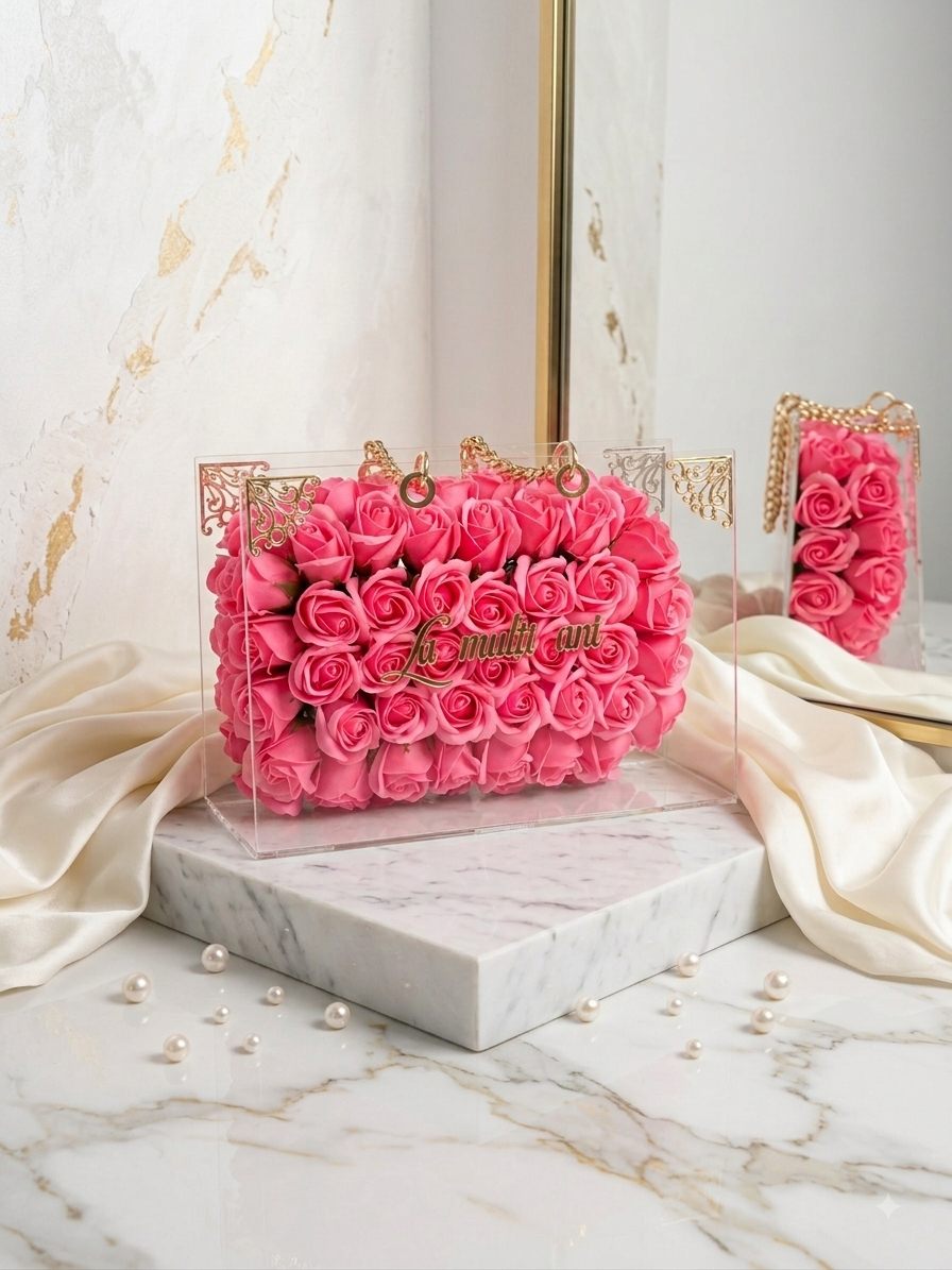 Idea Regalo: Box Elegance in Plexiglass con Rose Rosa Fucsia e Scritta Personalizzata (Misura L)