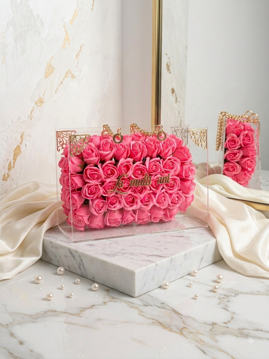 Idea Regalo: Box Elegance in Plexiglass con Rose Rosa Fucsia e Scritta Personalizzata (Misura L)