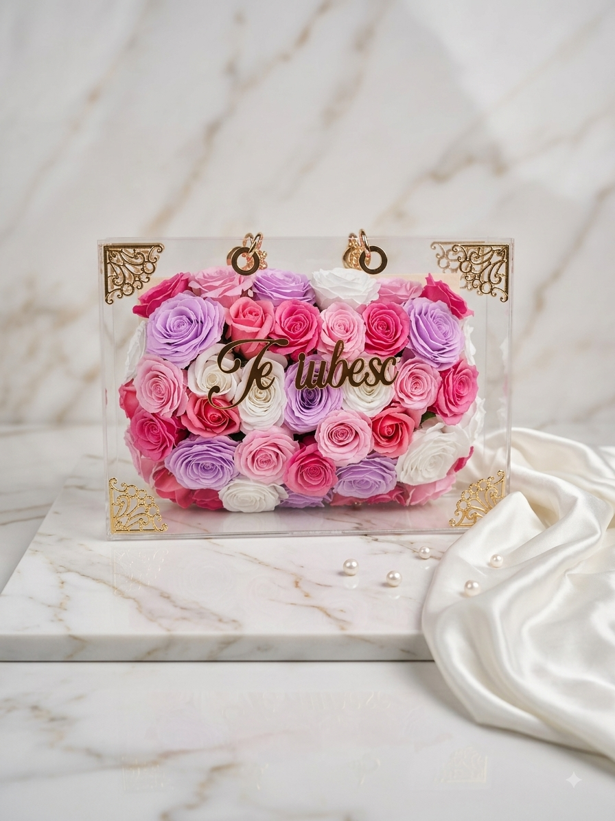 Idea Regalo: Box Elegance in Plexiglass con Rose Multicolor e Scritta Personalizzata (Misura L)
