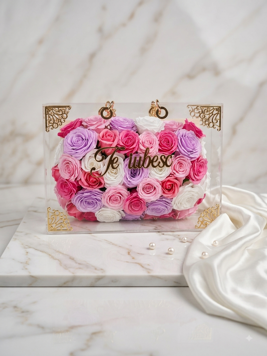 Idea Regalo: Box Elegance in Plexiglass con Rose Multicolor e Scritta Personalizzata (Misura L)