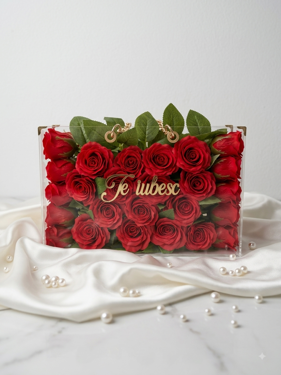 Idea Regalo: Box Elegance in Plexiglass con Rose e Scritta Personalizzata (Misura M)